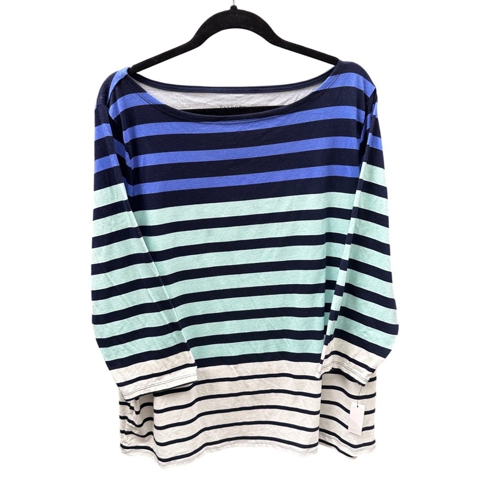 Talbots Plus 3X Boatneck Top Blue Mint Green White Striped 3/4 Sleeve NWT